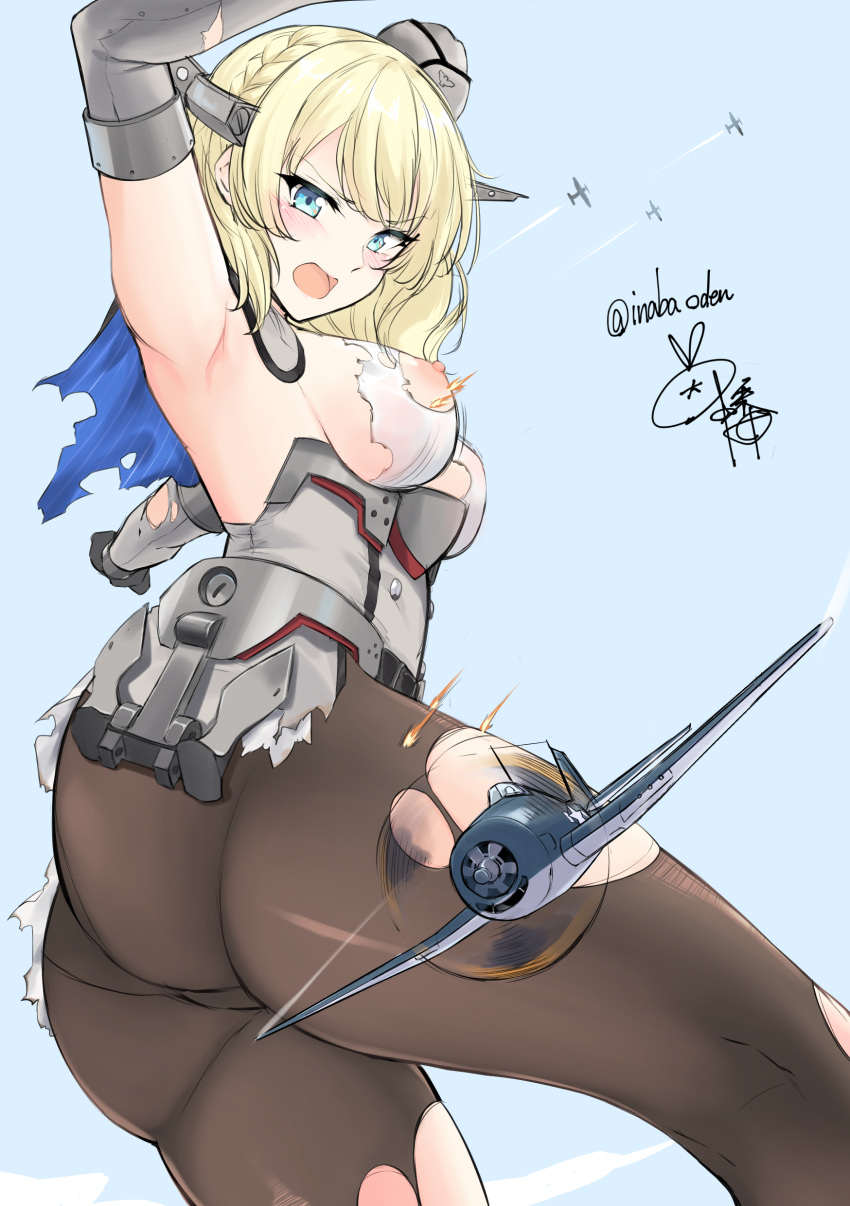 1girl absurdres anchor armpits blonde_hair blue_eyes blush braid breasts colorado_(kantai_collection) corset elbow_gloves f6f_hellcat french_braid garrison_cap giant giantess gloves grey_gloves hat highres kantai_collection kou_mashiro looking_at_viewer medium_breasts open_mouth pantyhose short_hair signature size_difference sky solo torn_clothes torn_legwear twitter_username