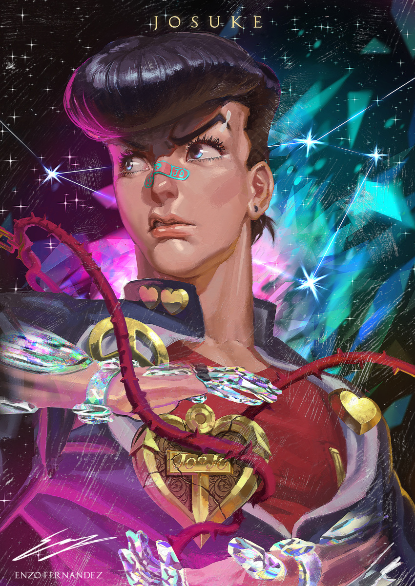 1boy absurdres black_hair constellation diamond_(gemstone) diamond_wa_kudakenai enzo_fernandez higashikata_jousuke highres jojo_no_kimyou_na_bouken looking_to_the_side parted_lips peace_symbol pompadour school_uniform scowl thorns upper_body