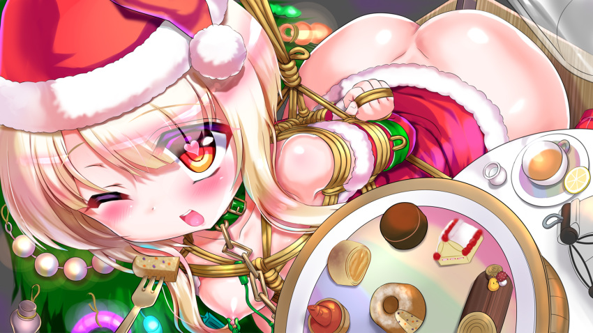 1girl arms_behind_back ass azur_lane bdsm blonde_hair blush bondage bound breasts cake chain christmas collar commentary_request cup dessert eyebrows eyebrows_visible_through_hair eyes_visible_through_hair feeding food fork fruit hat heart heart-shaped_pupils highres juneau_(azur_lane) leash lemon long_hair looking_at_viewer mndqn nipple_clamps nipples one_eye_closed open_mouth plate rope santa_costume santa_hat sex_toy shibari slice small_breasts solo symbol-shaped_pupils tea teacup tears teeth tray vibrator vibrator_on_nipple wooden_horse yellow_eyes