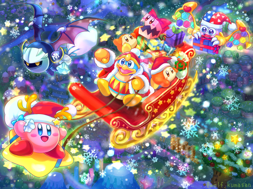 antlers armor bat_wings blue_bow blue_eyes blush_stickers bow box boxy_(kirby) brown_eyes christmas claws commentary_request fangs flying fur_trim gauntlets gift gift_box hat hat_ornament heart hexagon highres holding jester_cap king_dedede kirby kirby_(series) marx mask meta_knight ninjya_palette no_humans open_mouth purple_eyes purple_wings red_bow red_robe reins robe sack santa_hat sash shoulder_pads sleigh smile snowflakes star_(symbol) star_hat_ornament tail twitter_username waddle_dee warp_star watermark whispy_woods wings yellow_eyes yellow_wings