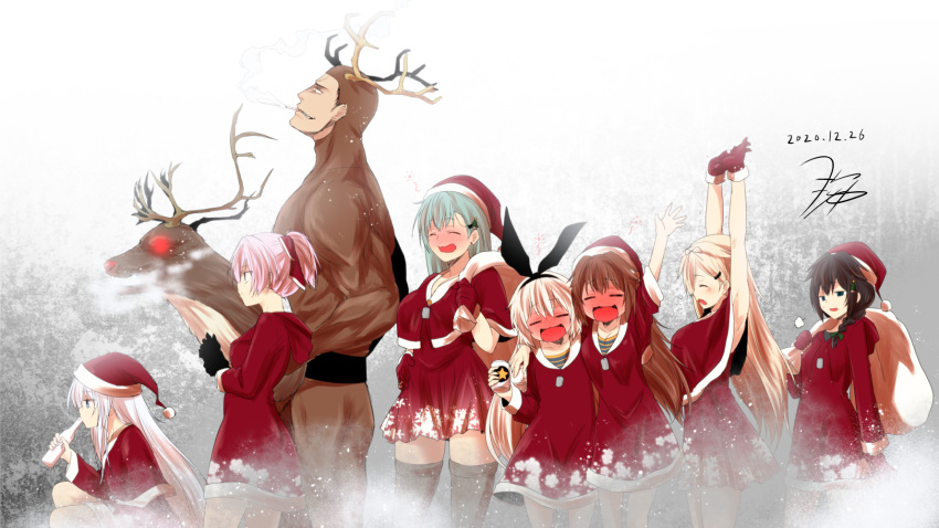 1boy 6+girls admiral_(kantai_collection) animal_costume antlers black_ribbon blonde_hair blush bottle braid brown_hair christmas cigarette closed_eyes dated eyebrows_visible_through_hair gloves green_hair hair_between_eyes hair_flaps hair_ribbon hat hibiki_(kantai_collection) highres holding holding_bottle kamio_reiji_(yua) kantai_collection kuma_(kantai_collection) long_hair long_sleeves multiple_girls open_mouth pink_hair ponytail red_gloves reindeer_antlers reindeer_costume ribbon sack santa_costume santa_hat shigure_(kantai_collection) shimakaze_(kantai_collection) shiranui_(kantai_collection) short_hair signature silver_hair single_braid smile smoking suzuya_(kantai_collection) verniy_(kantai_collection) yua_(checkmate) yuudachi_(kantai_collection)