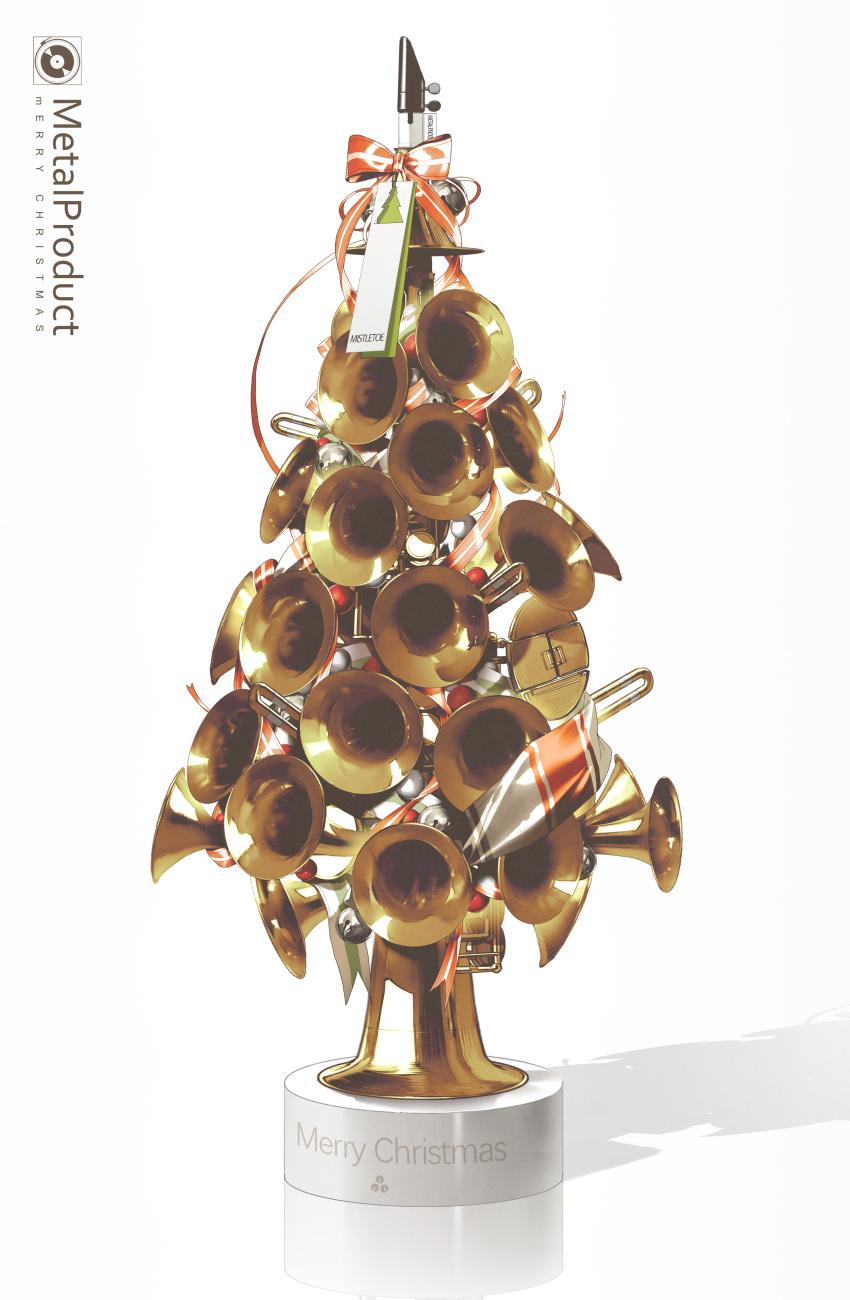 absurdres christmas christmas_tree clarinet commentary english_commentary highres instrument kieed merry_christmas no_humans original pedestal ribbon shadow tag trumpet tuba white_background