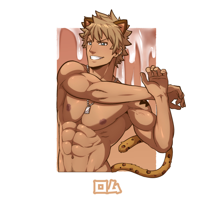 1boy abs animal_ears bara completely_nude excessive_cum inunekostudio jaguar_boy jaguar_ears jaguar_tail light_brown_hair male_focus male_pubic_hair muscular muscular_male navel navel_hair nipples nude pectorals pubic_hair rom_(show_by_rock!!) short_hair show_by_rock!! six_fanarts_challenge smile solo stretch tail upper_body