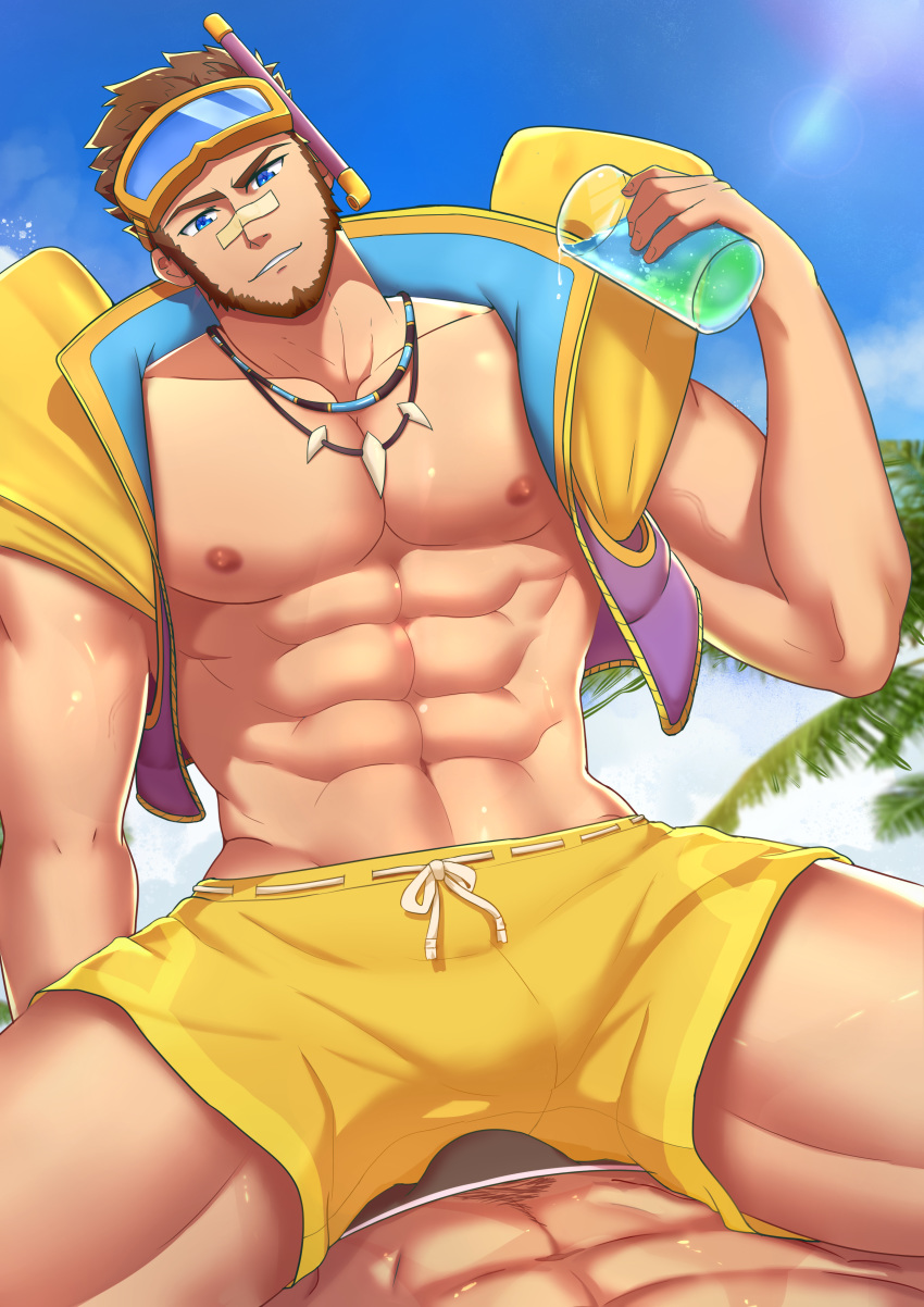 2boys abs absurdres bandaid bandaid_on_nose bara bare_pecs beach beard blue_eyes brown_hair bulge diving_mask diving_mask_on_head facial_hair head_tilt highres imminent_sex jarvan_lightshield_iv league_of_legends male_focus male_swimwear minghecanyue multiple_boys muscular muscular_male navel nipples official_alternate_costume pectorals short_hair shorts sitting sitting_on_person sky solo_focus spilling spread_legs stomach sunlight swim_trunks swimwear thick_thighs thighs tooth_necklace wet yaoi yellow_shorts