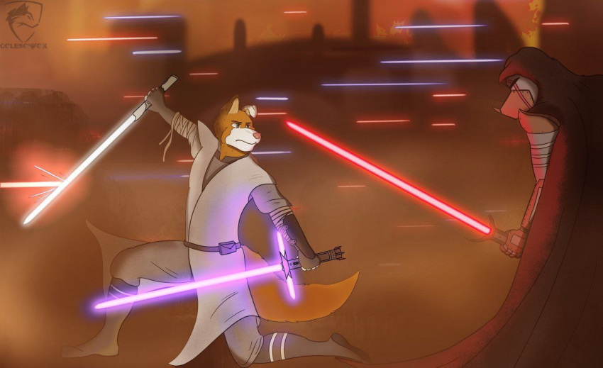 ambiguous_gender anthro battle blades canid canine canis cloak clothing colesonfox dante_mutt_(character) domestic_dog dual_wielding duo fighting_pose grey_jedi holding_object holding_sword holding_weapon kneeling laser_beam lightsaber male mammal melee_weapon on_one_knee pose robe science_fiction sith star_wars sword weapon