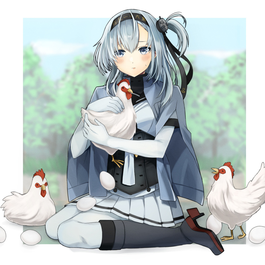 1girl absurdres anchor_symbol bird black_headband black_sailor_collar bodysuit chicken clothes_writing commentary_request commission corset egg full_body grey_jacket headband highres jacket jacket_on_shoulders kantai_collection long_hair looking_at_viewer one_side_up sailor_collar silver_hair skeb_commission skirt suzutsuki_(kantai_collection) toriniku_senshi_chikinman white_bodysuit white_neckwear white_skirt