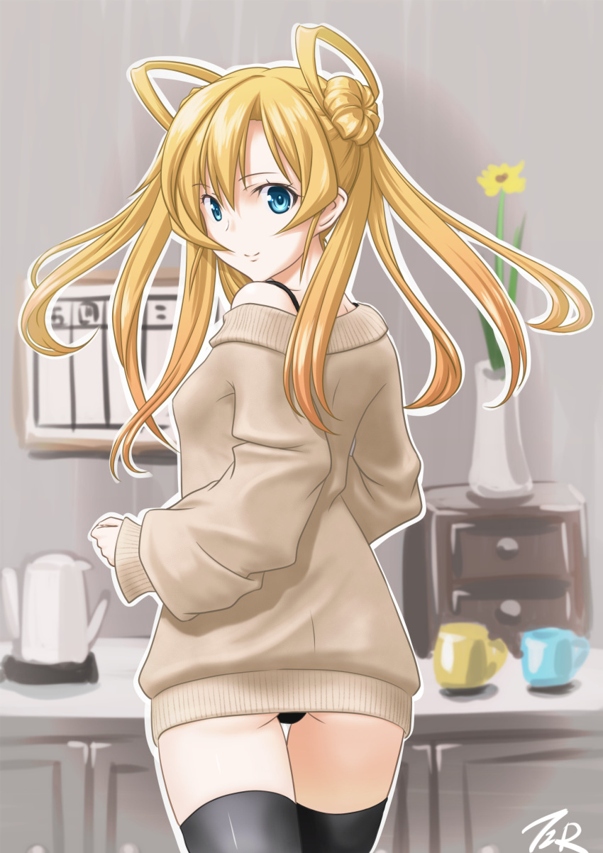 1girl abukuma_(kantai_collection) alternate_costume beige_sweater black_legwear black_panties blonde_hair blue_eyes blurry chart_(object) commentary_request counter cowboy_shot cup depth_of_field double_bun flower from_behind hair_rings highres kantai_collection long_hair looking_back panties pitcher solo t2r thighhighs underwear vase