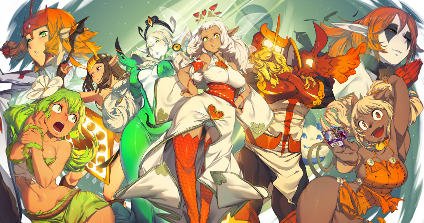 1boy 6+girls absurdres animal_ears armpits ass_visible_through_thighs breasts card dofus ecaflip eniripsa eureka_brider feca furry glowing glowing_eyes green_eyes green_hair highres iop krosmaga large_breasts midriff multiple_girls navel orange_eyes orange_hair panties pantyshot pointy_ears sadida thighs underwear white_hair