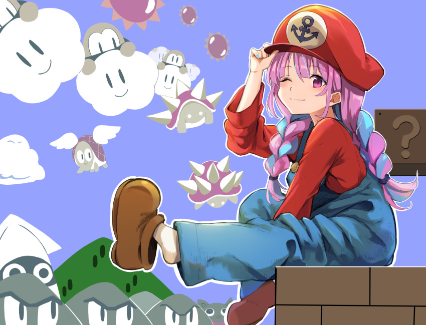 1girl adjusting_clothes adjusting_headwear bangs blunt_bangs braid brown_footwear closed_mouth cosplay eyebrows_visible_through_hair full_body hat hololive ledge long_hair long_sleeves looking_at_viewer mario mario_(cosplay) mario_(series) minato_aqua multicolored_hair ookami-san overalls purple_eyes raised_eyebrows red_headwear red_shirt shirt shoe_dangle shoes sidelocks sitting smile solo streaked_hair summer_tail720 twin_braids two-tone_hair virtual_youtuber