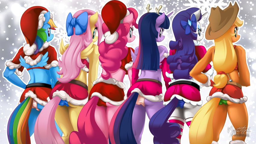 16:9 accessory anthro anthrofied applejack_(mlp) blonde_hair blue_body blue_bow blue_clothing blue_eyes blue_eyeshadow blue_hair blue_panties blue_skin blue_underwear blue_wings bottomwear butt christmas christmas_clothing christmas_headwear clothed clothing cowboy_hat earth_pony equid equine eyelashes eyeshadow feathered_wings feathers female fluttershy_(mlp) freckles friendship_is_magic furgonomics genitals green_clothing green_eyes green_hair green_panties green_underwear group hair hair_accessory hair_bow hair_ribbon hasbro hat headgear headwear hi_res holidays horn horse legwear lineup long_hair looking_back makeup mammal midriff miniskirt multicolored_hair multicolored_tail my_little_pony mysticalpha orange_hair panties panty_shot pattern_clothing pattern_legwear pattern_thigh_highs pegasus pink_body pink_bottomwear pink_clothing pink_hair pink_panties pink_skin pink_skirt pink_tail pink_underwear pinkie_pie_(mlp) pony ponytail purple_body purple_bow purple_eyes purple_feathers purple_hair purple_skin purple_tail purple_wings rainbow_dash_(mlp) rainbow_hair rainbow_tail rarity_(mlp) rear_view red_bottomwear red_clothing red_hair red_panties red_skirt red_underwear ribbons santa_hat skirt smile snow snowflake striped_clothing striped_legwear striped_thigh_highs stripes tan_body tan_skin thigh_highs twilight_sparkle_(mlp) two_tone_hair underwear unicorn upskirt white_body white_horn white_skin widescreen winged_unicorn wings yellow_body yellow_feathers yellow_skin yellow_wings