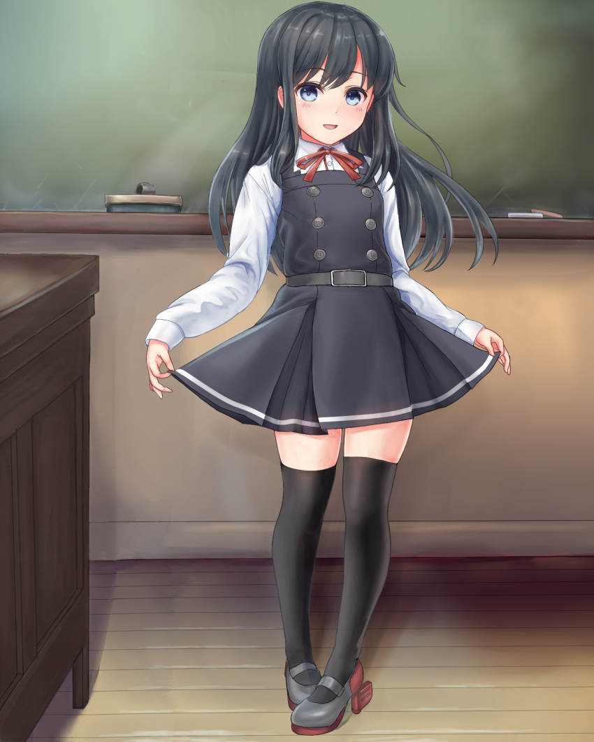 1girl asashio_(kantai_collection) black_hair black_legwear blue_eyes chalkboard dress em_s full_body highres indoors kantai_collection long_hair long_sleeves neck_ribbon pinafore_dress remodel_(kantai_collection) ribbon rudder_footwear shirt skirt_hold sleeveless sleeveless_dress solo standing thigh_strap thighhighs white_shirt