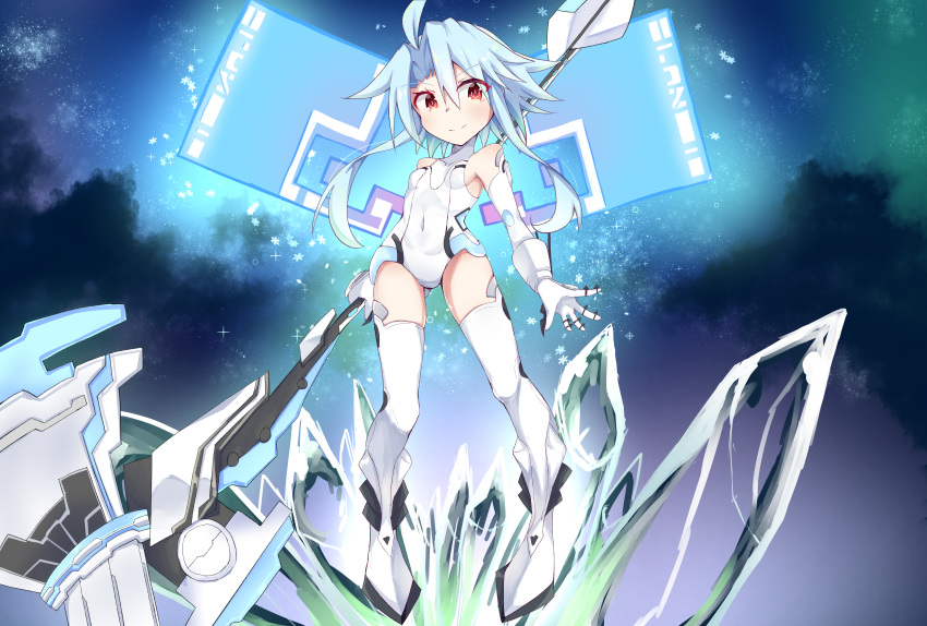 1girl absurdres ahoge bare_shoulders blush breasts elbow_gloves gloves hair_between_eyes highres holding holding_weapon huge_filesize leotard light_blue_hair looking_at_viewer neptune_(series) power_symbol red_eyes shimeji_wyvern short_hair_with_long_locks small_breasts smile solo symbol-shaped_pupils thighhighs weapon white_gloves white_heart white_leotard