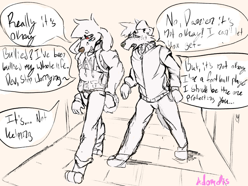 adondis anthro canid canine canis clothed clothing curled_tail damien_(adondis) devyn_(adondis) dialogue dobermann domestic_dog duo english_text floppy_ears hi_res highschool male male/male mammal pinscher sketch teenager text young