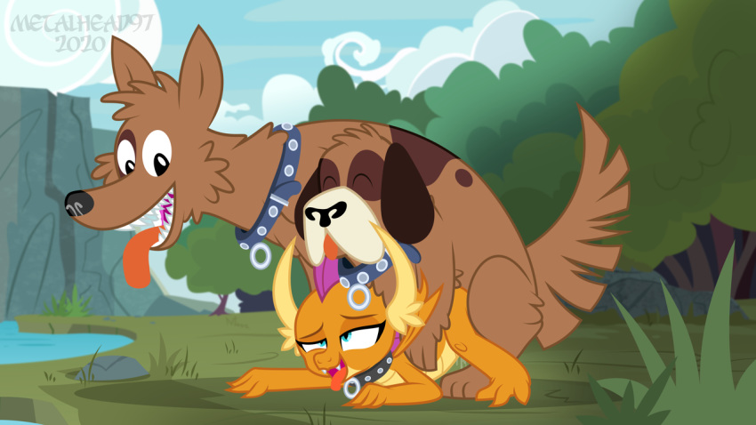 ahegao all_fours anthro bestiality better_version_at_source bodily_fluids brown_body brown_fur canid canine canis collar doggystyle domestic_dog dragon duo eyes_closed female feral friendship_is_magic from_behind_position fur genital_fluids hasbro horn interspecies looking_pleasured male male/female mammal metalhead97 multi_head my_little_pony open_mouth orange_body orange_scales orthros orthros_(mlp) pussy_juice reptile scales scalie sex show_accurate smolder_(mlp) smolthros submissive tongue tongue_out wings young