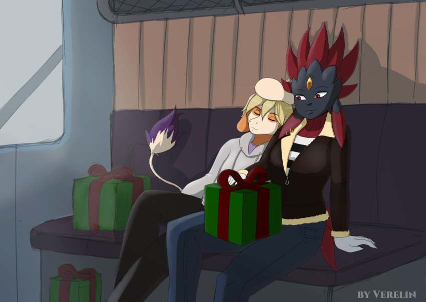 anthro christmas hi_res holidays leo_(velociripper) nintendo pok&eacute;mon pok&eacute;mon_(species) sleeping smeargle thebes_(velociripper) train vehicle verelin video_games weavile