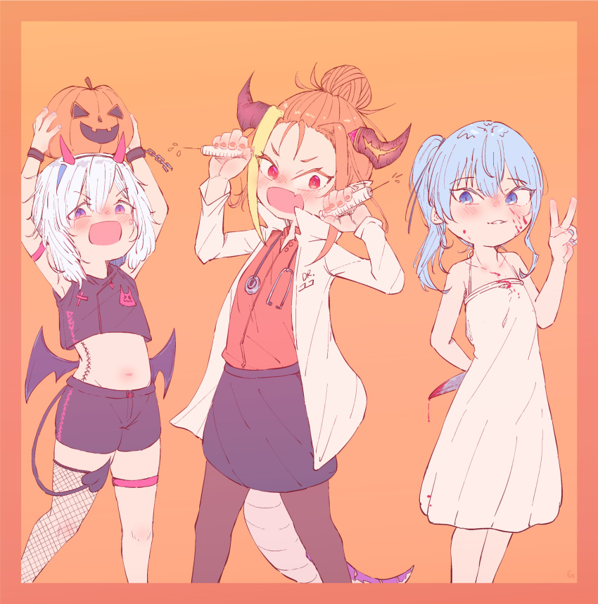 3girls alternate_costume alternate_hairstyle amane_kanata angel arms_up asacoco bangs bare_shoulders black_skirt blonde_hair blood blood_on_face bloody_knife bloody_weapon blue_hair blush chain child collarbone colored_inner_hair crazy cuffs demon_costume demon_tail demon_wings dragon_girl dragon_horns dragon_tail dress fake_horns fang fishnet_legwear fishnets ginzuchi hair_between_eyes hair_bun halloween halloween_costume highlights highres hololive horns hoshimachi_suisei jack-o'-lantern kiryuu_coco knife labcoat looking_at_viewer medium_hair midriff multicolored_hair multiple_girls open_mouth orange_background orange_hair pantyhose red_shirt scales shirt side_ponytail silver_hair simple_background single_strap skin_fang skirt smile stethoscope stomach streaked_hair syringe tail tied_hair v virtual_youtuber weapon white_dress wings