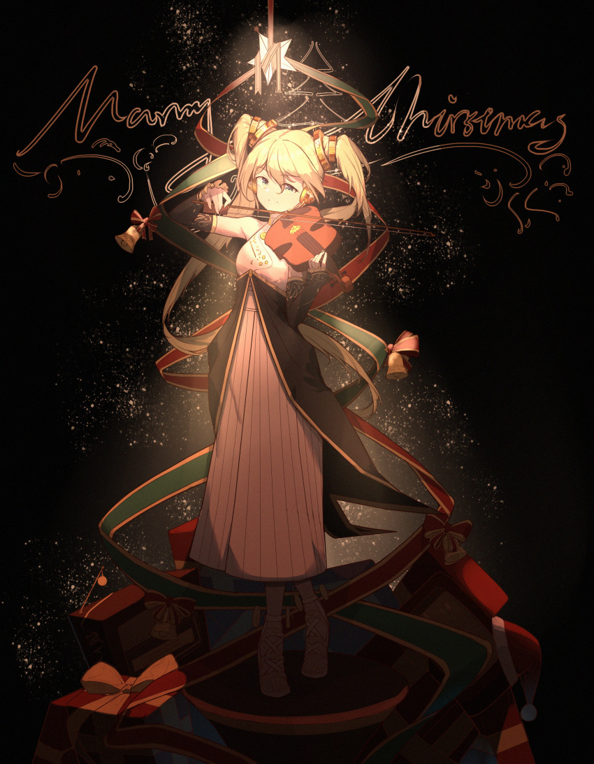 1girl absurdres alternate_costume alternate_hair_color aqua_eyes bangs black_skirt blonde_hair breasts chinese_commentary detached_sleeves dress eyebrows_visible_through_hair frilled_sleeves frills hatsune_miku highres huge_filesize instrument looking_at_viewer medium_breasts merry_christmas music playing_instrument rzx0 skirt solo spotlight star_(symbol) twintails violin vocaloid white_dress