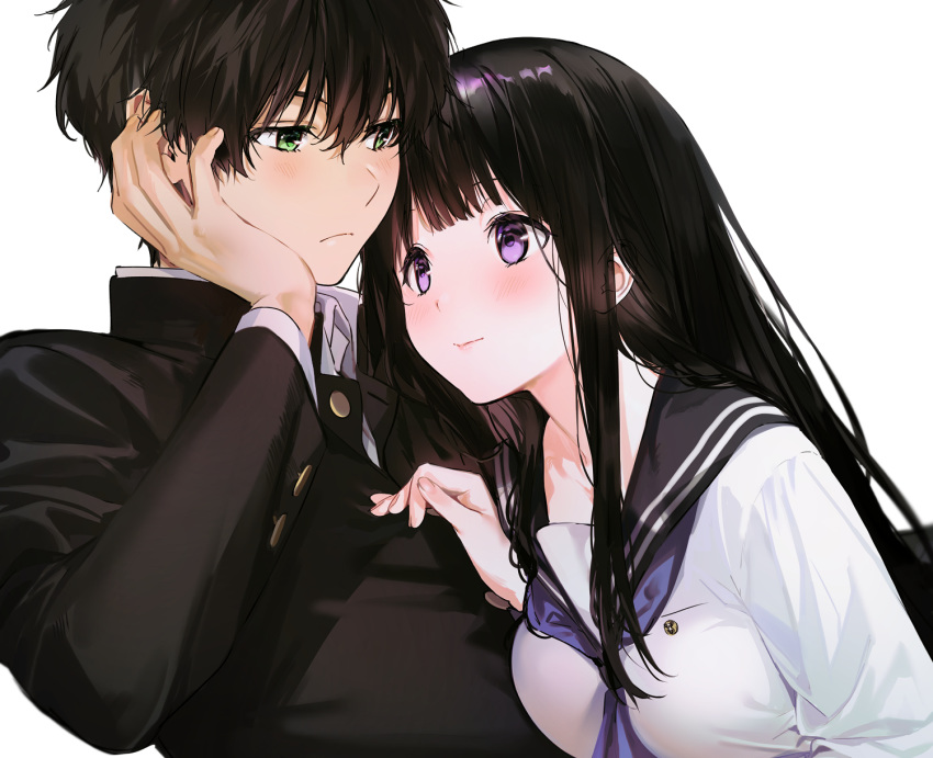 black_hair blush chitanda_eru close cropped green_eyes hyouka long_hair male mery_(apfl0515) oreki_houtarou purple_eyes school_uniform short_hair white