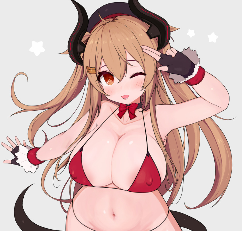 1girl ;d beret bikini black_gloves black_headwear blush breasts brown_hair choker commentary_request covered_nipples eyebrows_visible_through_hair fingerless_gloves gloves grey_background hair_between_eyes hair_ornament hairclip hand_up hat highres horns huge_breasts kantai_collection long_hair looking_at_viewer micro_bikini murasame_(kantai_collection) navel one_eye_closed open_mouth orange_eyes plump red_bikini rose_neru simple_background smile solo star_(symbol) swimsuit tail