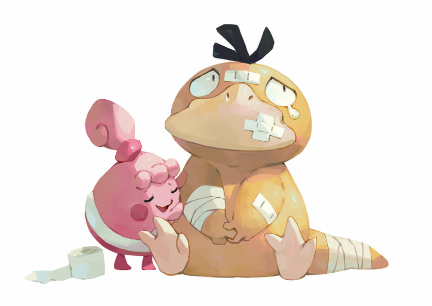 bandages bandaid bandaid_on_face bluekomadori closed_eyes commentary creature english_commentary gen_1_pokemon gen_4_pokemon hands_together happiny looking_up no_humans open_mouth pokemon pokemon_(creature) psyduck sitting smile tearing_up