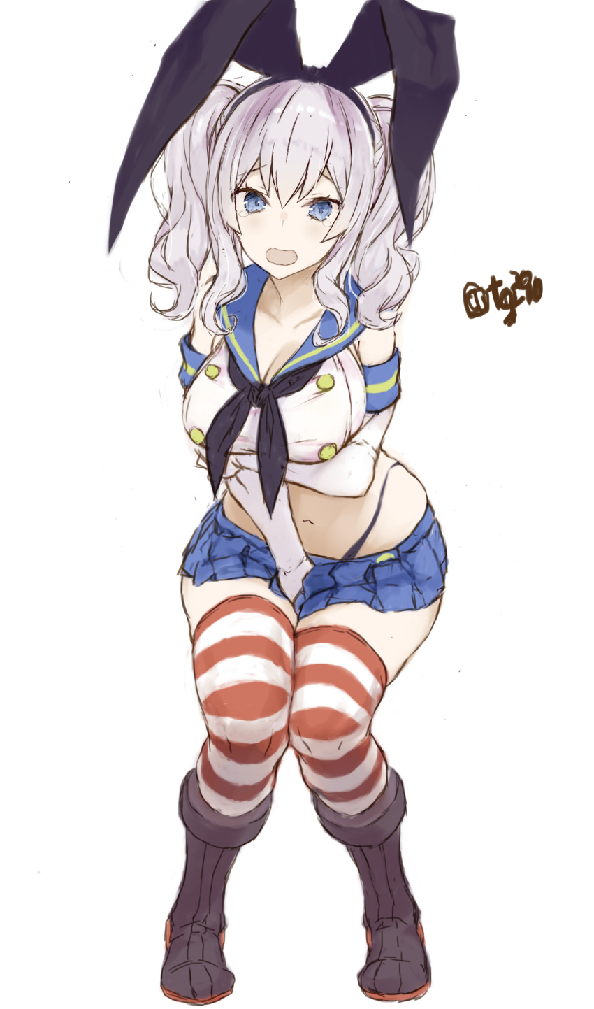 1girl absurdres black_hairband black_neckwear black_panties blue_eyes blue_sailor_collar blue_skirt breasts cosplay crop_top elbow_gloves embarrassed full_body gloves hairband highleg highleg_panties highres kantai_collection kashima_(kantai_collection) large_breasts long_hair microskirt miniskirt neckerchief panties pleated_skirt ryo_(tg290) sailor_collar shimakaze_(kantai_collection) shimakaze_(kantai_collection)_(cosplay) sidelocks silver_hair simple_background skirt solo standing striped striped_legwear thighhighs twintails twitter_username underwear wavy_hair white_background white_gloves