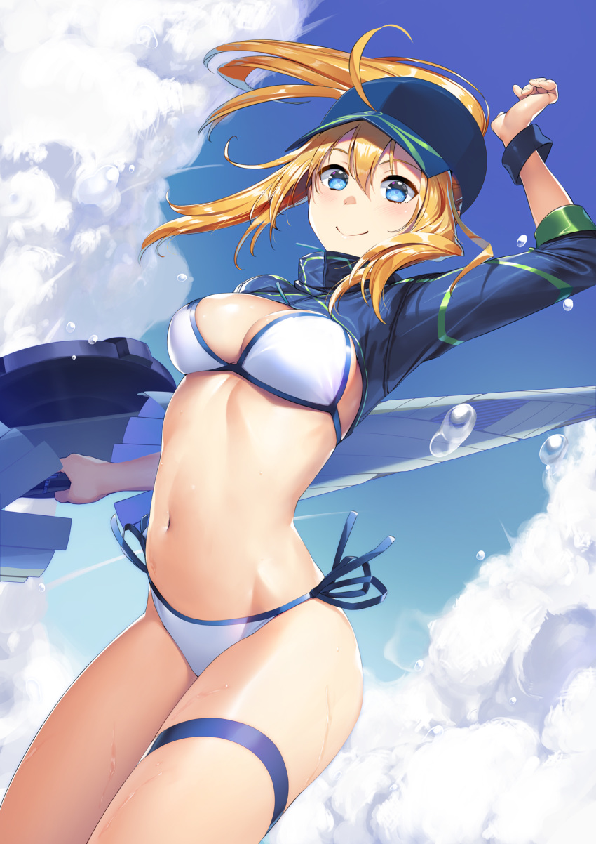 1girl artoria_pendragon_(all) bikini blonde_hair blue_headwear breasts closed_mouth fate/grand_order fate_(series) highres large_breasts looking_at_viewer mysterious_heroine_xx_(foreigner) nonderi short_hair shrug_(clothing) solo swimsuit white_bikini
