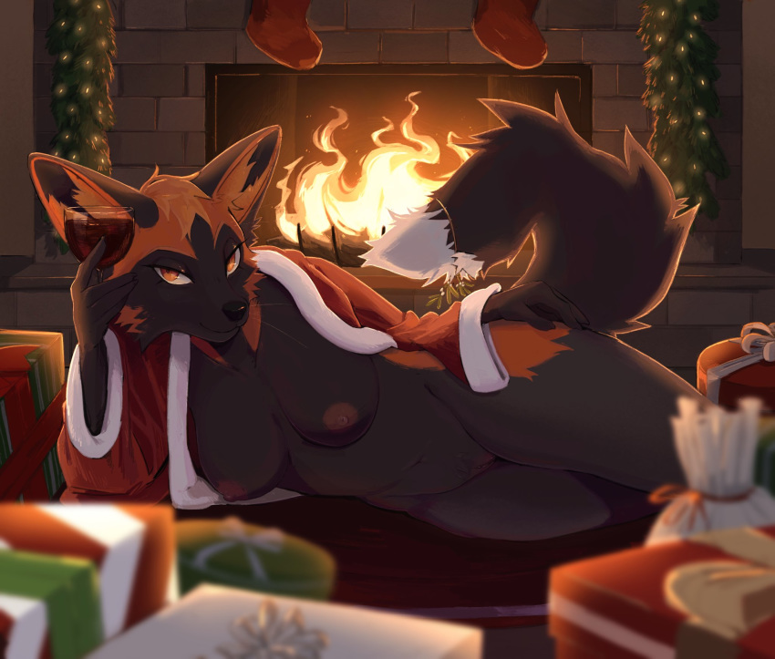 2020 amber_eyes anthro bedroom_eyes black_body black_fur bottomless breasts canid canine christmas clothed clothing cross_fox crotch_tuft female fireplace fox front_view fur genitals hand_on_leg hand_on_thigh hi_res holidays looking_at_viewer lying mammal mo_(servalex) narrowed_eyes nipples on_side pussy red_fox seductive servalex solo tuft
