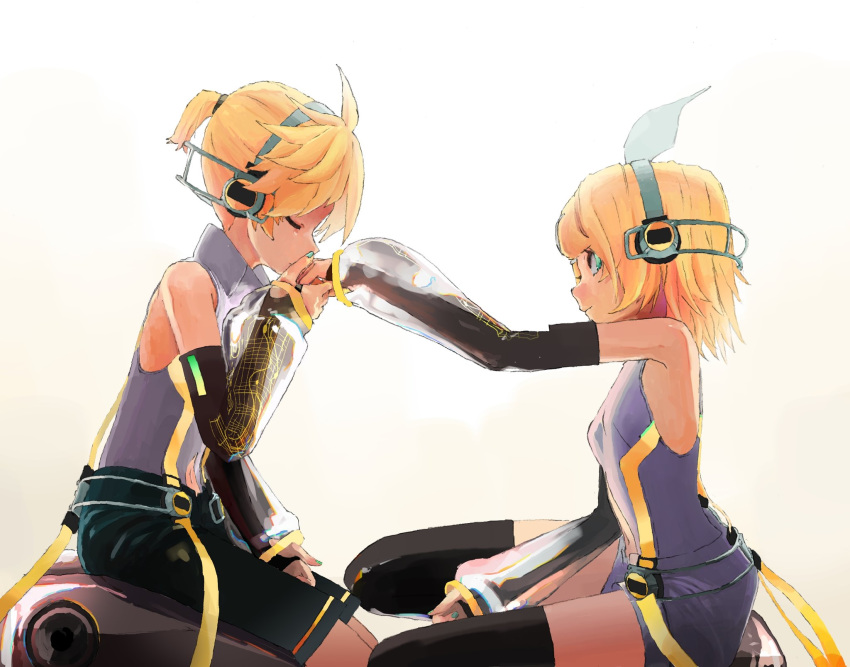 1boy 1girl aqua_nails backlighting bare_shoulders belt black_shorts black_sleeves blonde_hair bodysuit bow closed_eyes commentary d_futagosaikyou detached_sleeves from_side grey_shorts hair_bow hand_kiss headphones highres kagamine_len kagamine_len_(append) kagamine_rin kagamine_rin_(append) kiss leg_warmers looking_at_another nail_polish protected_link see-through_sleeves seiza short_hair short_ponytail shorts sitting speaker spiked_hair taking_another's_hand vocaloid vocaloid_append white_bodysuit white_bow