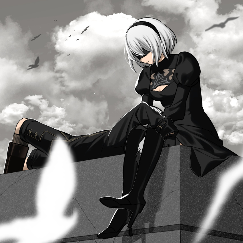 1boy 1girl animal arms_up bird black_blindfold black_footwear black_gloves black_hairband black_legwear blindfold breasts cleavage cleavage_cutout closed_mouth clothing_cutout cloud cloudy_sky crack flying gloves grey_sky hairband highres lap_pillow looking_at_another nier_(series) nier_automata outdoors puffy_sleeves rasupekuto see-through short_hair shorts sky smile socks white_hair yorha_no._2_type_b yorha_no._9_type_s