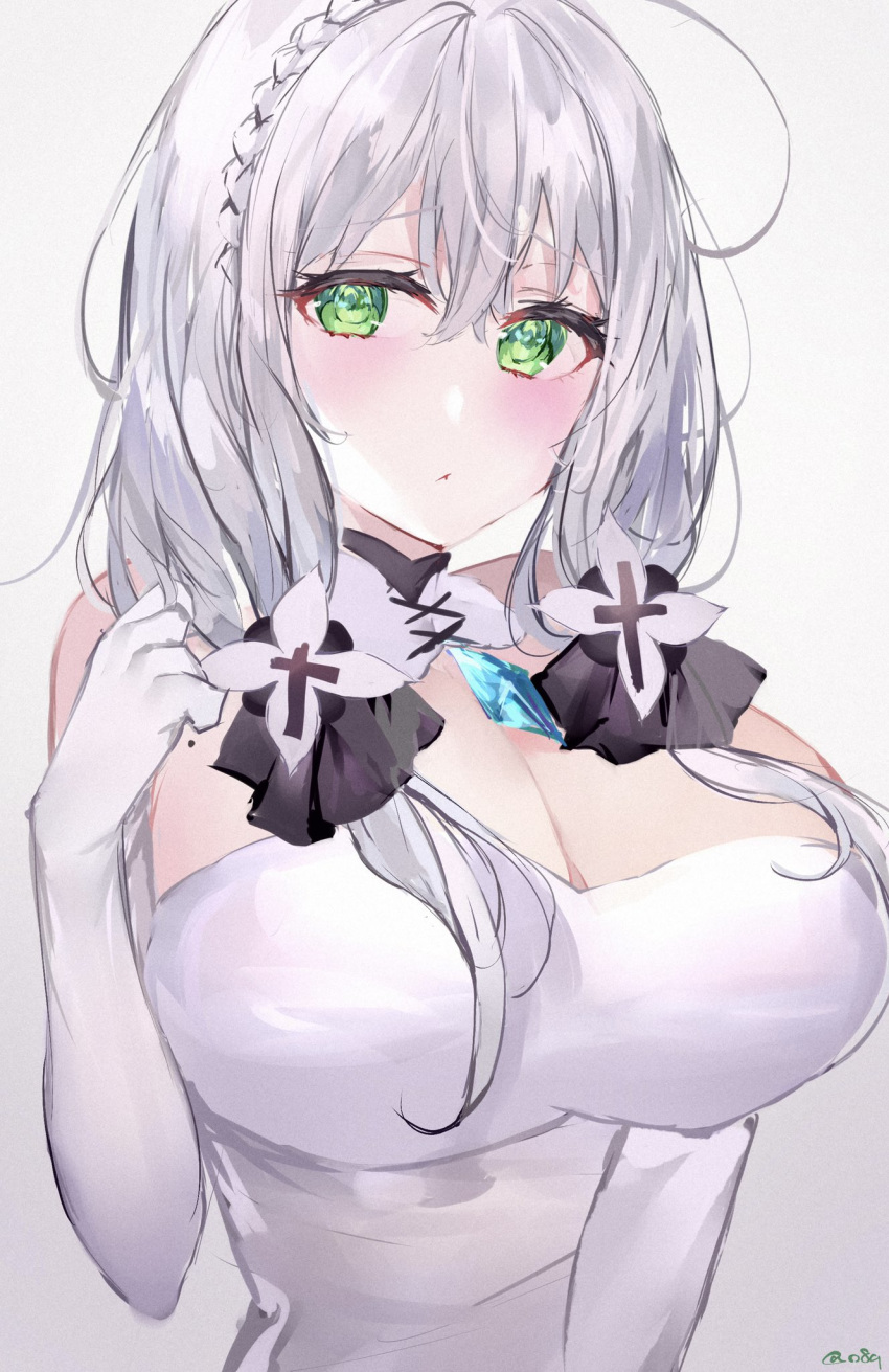 1girl bare_shoulders blush breasts cleavage cosplay dress elbow_gloves gloves green_eyes hair_ornament highres hololive illustrious_(azur_lane) illustrious_(azur_lane)_(cosplay) large_breasts looking_at_viewer mile_(off8mile) ribbon shirogane_noel short_hair silver_hair solo strapless strapless_dress virtual_youtuber white_dress white_gloves