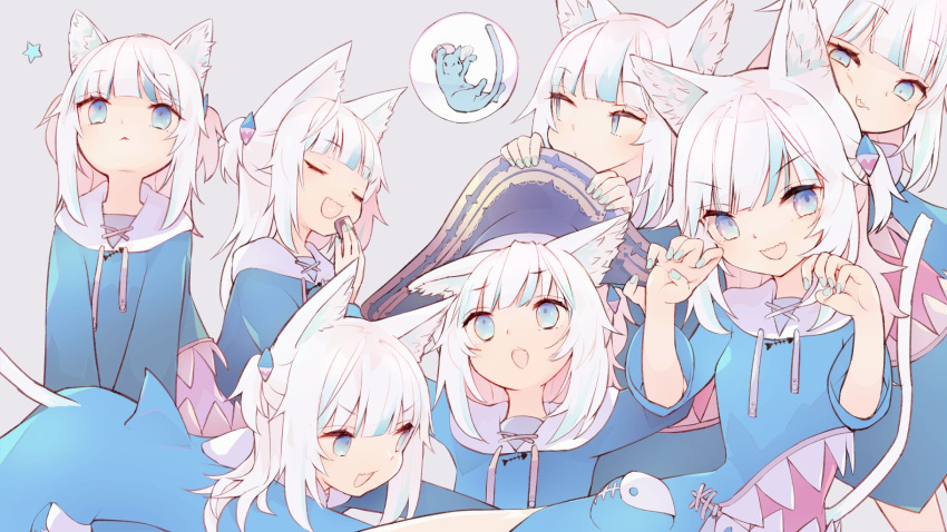 animal_costume animal_ears animal_hood bangs bloop_(gawr_gura) blue_eyes blue_hair blue_hoodie blunt_bangs cat_ears cat_tail gawr_gura hair_ornament highres hololive hololive_english hood hoodie long_sleeves looking_at_viewer medium_hair multicolored_hair open_mouth saya_(sayaya) shark_costume shark_hood sleeves_past_wrists smile streaked_hair tail teeth two_side_up virtual_youtuber white_hair wide_sleeves