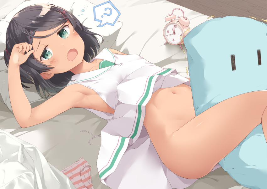 1girl ? alarm_clock armpits black_hair blush bottomless braid clock commentary_request dress fang green_eyes hair_ornament hairclip highres kantai_collection looking_at_viewer lying mole mole_under_eye navel on_back on_bed open_mouth panties panties_removed pillow sailor_collar sailor_dress scirocco_(kantai_collection) short_hair sleepy sleeveless sleeveless_dress solo tan tears two_side_up underwear waking_up white_dress yawning yui_(seiga)
