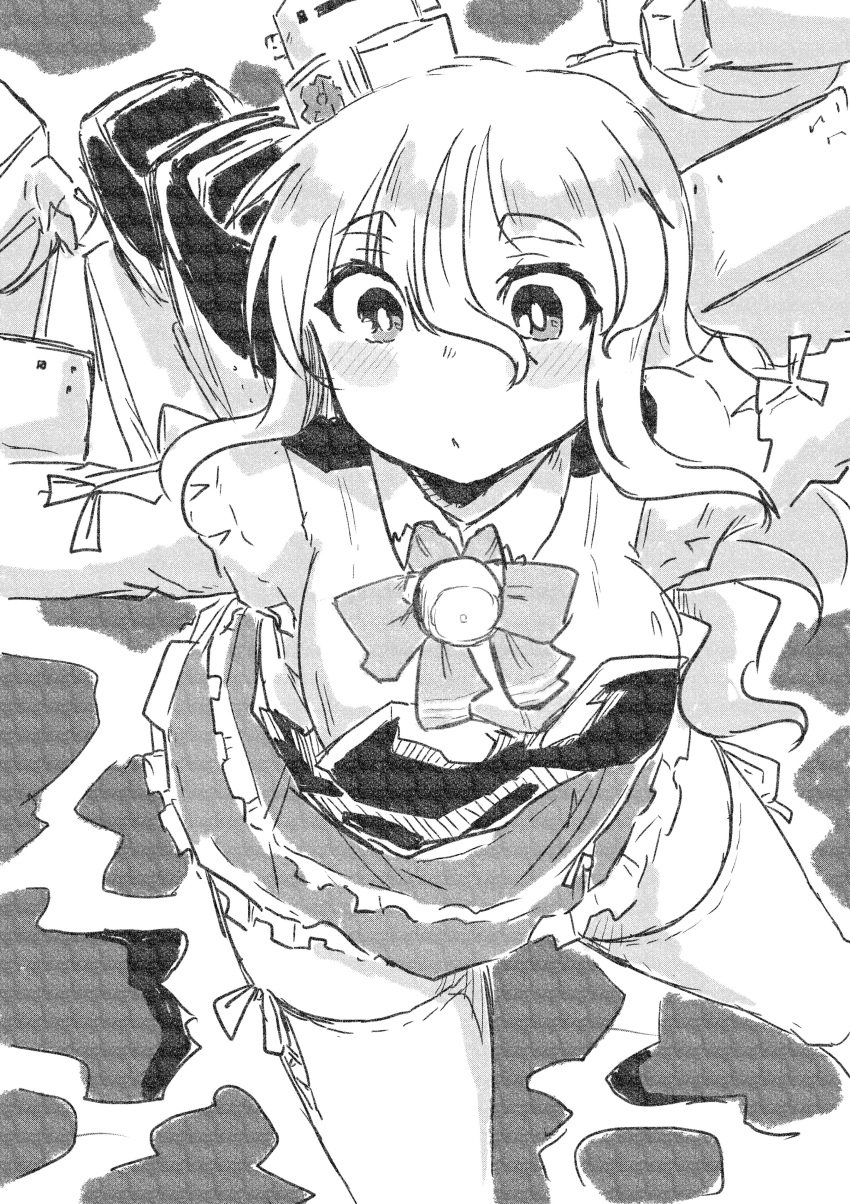 1girl absurdres bangs bell blush blush_stickers bow breasts bright_pupils character_request commentary_request copyright_request eyebrows_visible_through_hair greyscale hair_between_eyes highres large_breasts long_hair long_sleeves monochrome outstretched_arms poyo_(hellmayuge) screentones side-tie_legwear sidelocks skirt solo thick_eyebrows thighhighs zettai_ryouiki