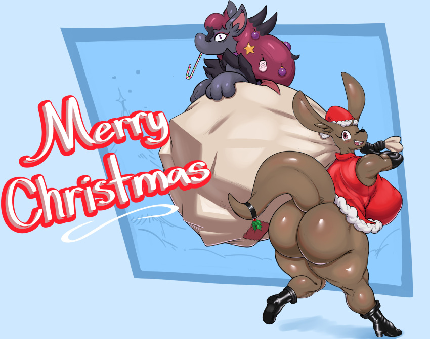 absurd_res anthro big_breasts big_butt breasts butt candy candy_cane christmas christmas_clothing christmas_headwear clothing dessert female food hat headgear headwear hi_res holidays jazz kangaroo lover_(coldfrontvelvet) macropod male mammal marsupial nintendo pok&eacute;mon pok&eacute;mon_(species) redmoon83 santa_hat side_boob thick_tail thick_thighs video_games zoroark