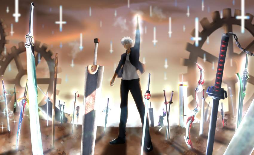 1boy absurdres archer berserk blay_rouzer bleach buster_sword covered_abs crossover dark_skin dark_skinned_male dengasher_sword_mode devil_may_cry devil_may_cry_4 dragonslayer_(sword) energy_sword fate/grand_order fate/stay_night fate_(series) field_of_blades flame_saber gears glasses grey_eyes highres huge_weapon kamen_rider kamen_rider_agito_(series) kamen_rider_black_rx_(series) kamen_rider_blade_(series) kamen_rider_den-o_(series) kasanekirari multiple_weapons muscular planted_sword planted_weapon red_queen_(sword) revolcane shining_caliber silver_hair summer_casual_(fate/grand_order) sword tank_top tensa_zangetsu_(bankai) too_many_weapons unlimited_blade_works weapon weapon_request white_hair