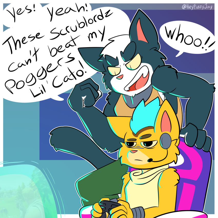 anthro avocato avocato_(final_space) clothed clothing dialogue digital_media_(artwork) duo english_text father father_and_child father_and_son felid feline final_space fizzyjay hi_res humor little_cato mammal parent parent_and_child simple_background son speech_bubble text ventrexian