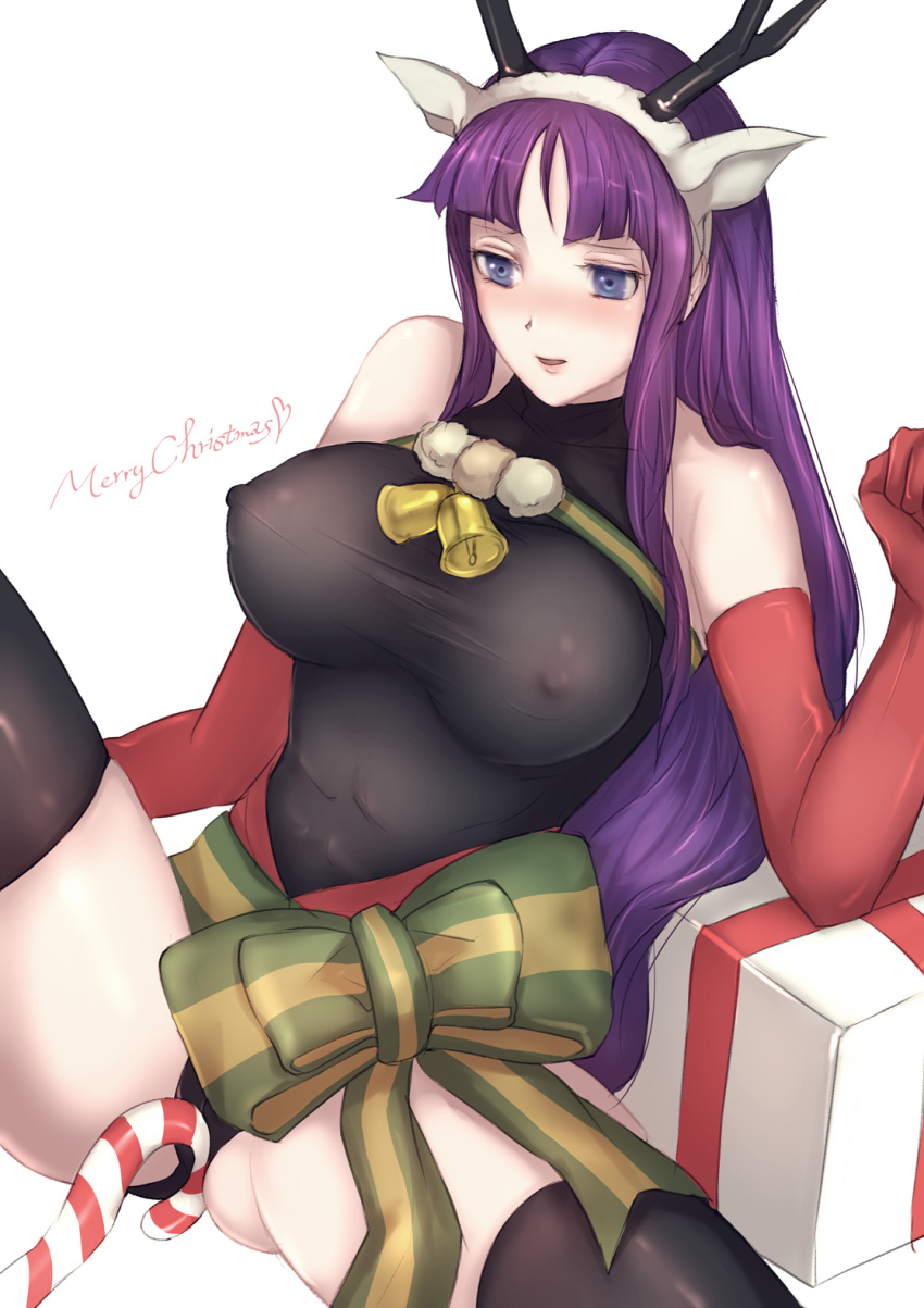 abs alternate_costume altina antlers blue_eyes blush bodystocking bow breasts candy candy_cane christmas elbow_gloves fire_emblem fire_emblem:_radiant_dawn fire_emblem_heroes food gift gloves highres jtaka large_breasts long_hair masturbation masturbation_through_clothing merry_christmas nipples open_mouth purple_hair see-through spread_legs thighhighs white_background