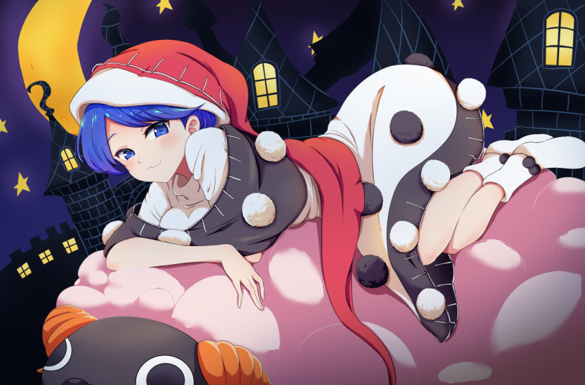 1girl :3 ajia_(otya3039) arm_support baku_(creature) bangs black_capelet black_dress blue_eyes blue_hair blush capelet castle closed_mouth commentary_request crescent crossed_legs doremy_sweet dress eyebrows_visible_through_hair full_body hat horizontal_pupils horns looking_at_viewer lying multicolored multicolored_clothes multicolored_dress naughty_face nightcap no_pupils no_shoes on_animal on_stomach parted_bangs pom_pom_(clothes) red_headwear sheep short_hair short_sleeves solo star_(sky) tail tapir tapir_tail touhou turtleneck turtleneck_dress two-tone_dress white_dress white_legwear window youkai