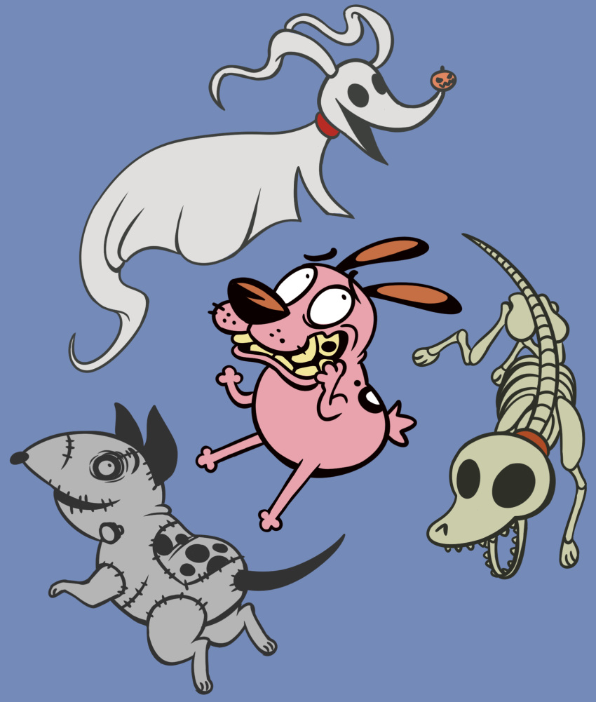 ambiguous_gender anthro blue_background bone canid canine canis cartoon_network corpse_bride courage_(character) courage_the_cowardly_dog courage_the_cowardly_dog_(character) cryena domestic_dog feral floating frankenweenie ghost group hi_res male mammal nightmare_before_christmas scraps_(character) simple_background skeleton sparky_(frankenweenie) spirit zero_(character)