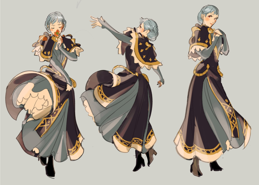 1girl blue_capelet blue_dress blue_hair blush blush_stickers braid brown_eyes capelet closed_eyes commentary crown_braid dress english_commentary epaulettes fire_emblem fire_emblem:_three_houses flower grey_background hand_on_own_chest highres holding holding_flower long_sleeves looking_at_viewer looking_away marianne_von_edmund red_flower short_hair shy_(ribboneels) simple_background smelling smelling_flower solo