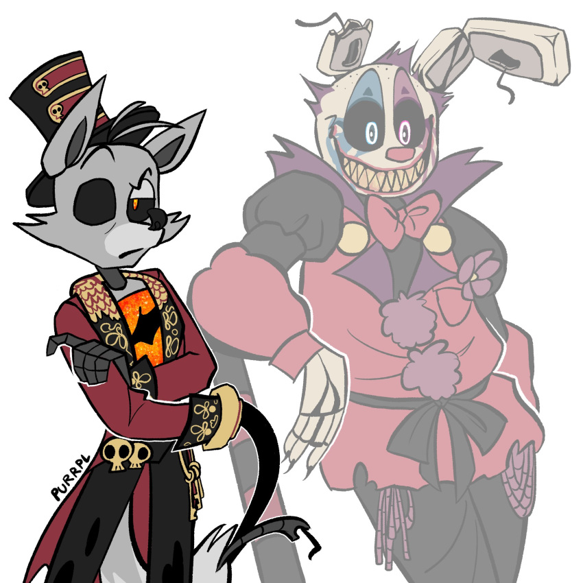 1:1 1_eye 2020 4_fingers angry animatronic annoyed anthro black_eyebrows black_nose black_sclera blue_eyes bone bottomwear bow_tie canid canine claws clothed clothing clown clown_nose clown_springtrap_(fnaf) coat crossed_arms dilated_pupils disappearing duo eyebrows fingers five_nights_at_freddy's five_nights_at_freddy's_3 five_nights_at_freddy's_ar flower fox foxy_(fnaf) fur grey_body grey_fur grey_tail hair half-closed_eyes hat headgear headwear hi_res keyring keys lagomorph leporid lips long_ears looking_at_viewer machine male mammal metal metallic metallic_body multicolored_body multicolored_eyes multicolored_tail narrowed_eyes notched_ear orange_body orange_eyes pants pirate plant purple_eyes purple_hair purrpl_(artist) rabbit raised_eyebrow raised_eyebrows red_lips red_nose ringmaster ringmaster_foxy_(fnaf) robot rotten_teeth sharp_claws sharp_teeth shirt short_hair signature simple_background skull smile springtrap_(fnaf) standing teeth top_hat topwear torn_body translucent translucent_body uniform video_games weapon whip whip_hand white_background white_body white_fur white_tail wide_eyed wire yellow_teeth