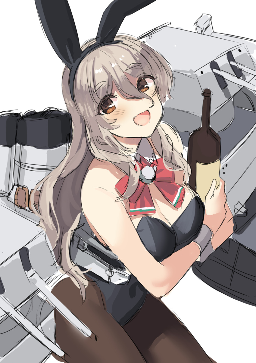 1girl alternate_costume animal_ears bangs black_legwear black_leotard blush bottle bow bowtie breasts brown_eyes bunny_ears cleavage detached_collar eyebrows_visible_through_hair grey_hair hair_between_eyes highres holding holding_bottle kantai_collection large_breasts leotard long_hair mizuki_eiru_(akagi_kurage) open_mouth pantyhose playboy_bunny pola_(kantai_collection) simple_background solo white_background wrist_cuffs