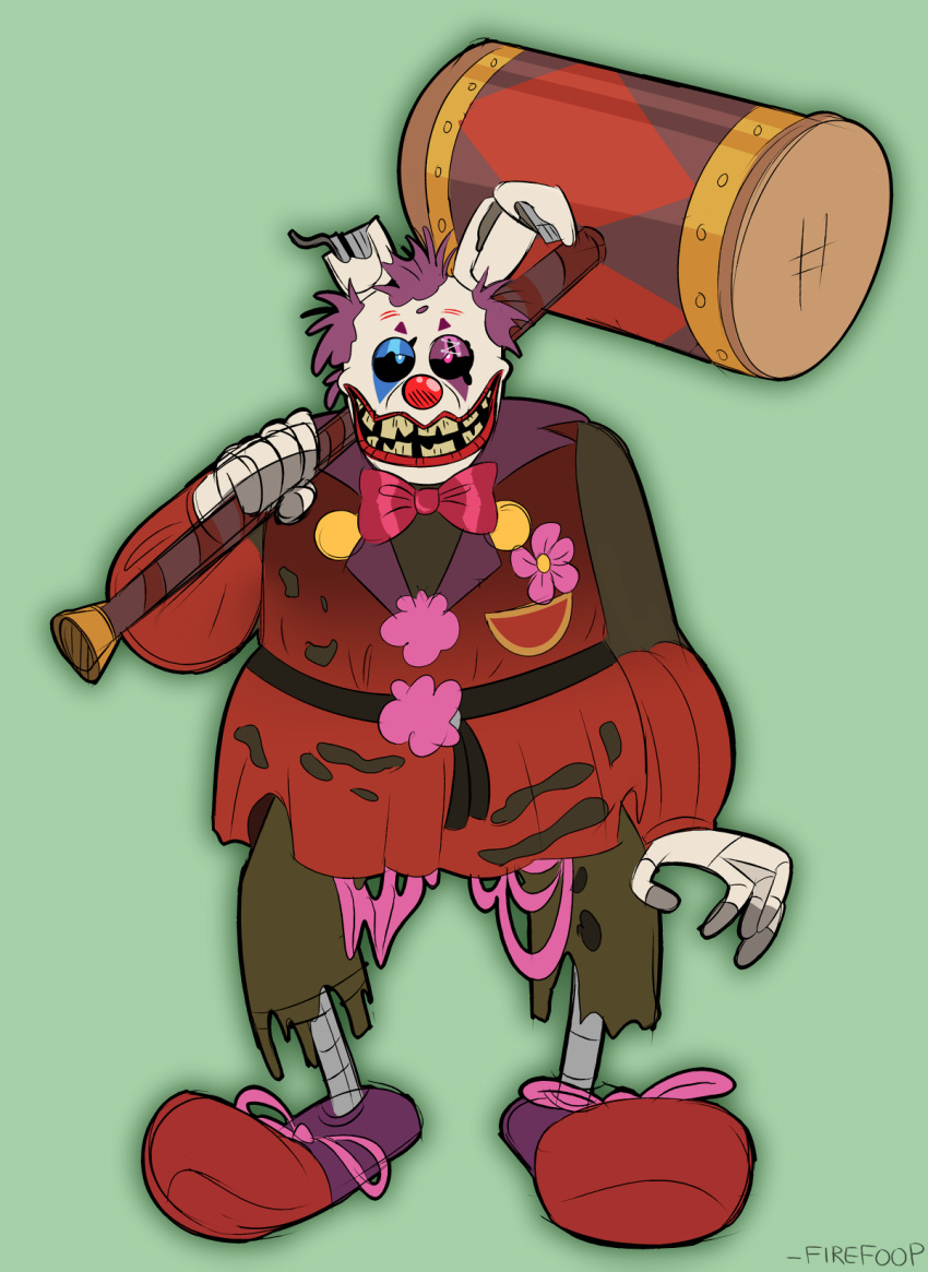 2020 5_fingers animatronic anthro big_shoes big_teeth blue_eyes bottomwear bow_tie clothed clothing clown clown_nose clown_springtrap_(fnaf) fingers firefoop five_nights_at_freddy's five_nights_at_freddy's_3 five_nights_at_freddy's_ar flower footwear green_background hair half-closed_eyes hammer hi_res lagomorph leporid lips long_ears looking_at_viewer machine male mammal metal metallic metallic_body multicolored_eyes narrowed_eyes notched_ear open_mouth pants plant portrait purple_eyes purple_hair rabbit red_lips red_nose robot rotten_teeth sewn_eyelid shirt shoe_laces shoes short_hair signature simple_background smile solo springtrap_(fnaf) standing stitch_(disambiguation) teeth tools topwear uniform video_games weapon white_body wire
