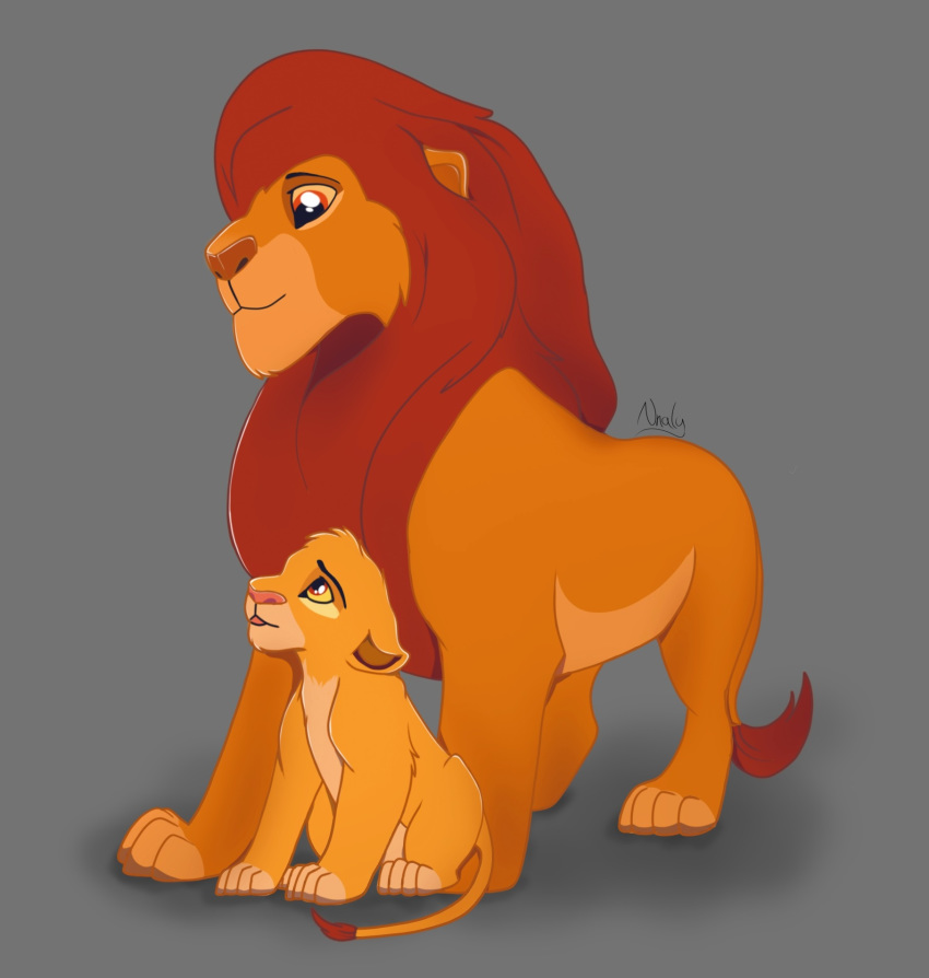 disney ears_down eyebrows father father_and_child father_and_son felid feral fur grey_background hi_res lion long_tail looking_up male mammal mane mufasa nnalyart pantherine parent parent_and_child pink_nose pivoted_ears red_eyes red_mane signature simba simple_background size_difference smile son the_lion_king yellow_body yellow_fur yellow_sclera young