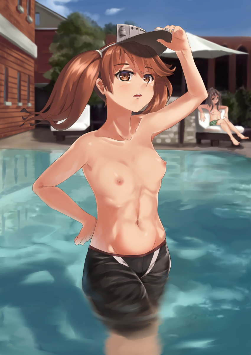 2girls adjusting_clothes adjusting_headwear armpits bangs beach_umbrella black_shorts blue_sky blurry blurry_background blush breasts brick_wall brown_eyes brown_hair building chair collarbone commentary green_shorts groin hair_tie hand_on_hip headband highres kantai_collection long_hair looking_afar lounge_chair male_swimwear male_swimwear_challenge multiple_girls navel on_chair outdoors parted_lips partially_submerged ponytail pool poolside ryouya ryuujou_(kantai_collection) shorts sitting sky small_breasts standing striped_headband swim_trunks swimwear topless tree twintails umbrella visor_cap wading water white_umbrella zuihou_(kantai_collection)