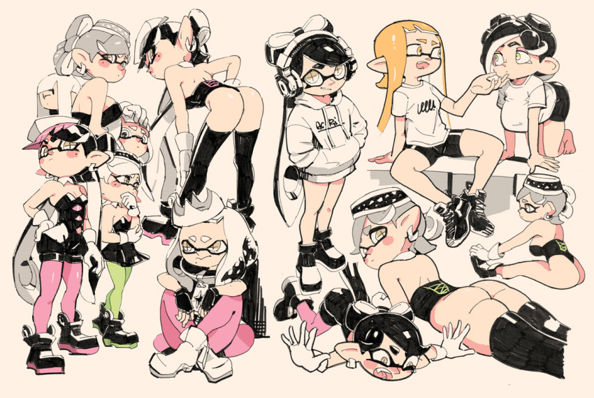 +_+ 5girls aori_(splatoon) ass black_dress black_footwear black_hair black_jumpsuit black_legwear black_shorts blush breasts drawstring dress earrings gloves green_eyes green_legwear grey_hair hands_in_pockets headphones hime_(splatoon) hood hood_down hoodie hotaru_(splatoon) inkling jewelry large_breasts looking_at_viewer multiple_girls multiple_views octoling open_mouth orange_eyes pantyhose pointy_ears purple_legwear shirt shoes short_jumpsuit short_sleeves shorts simple_background sitting splatoon_(series) tan_background thighhighs white_footwear white_gloves white_hair white_hoodie white_shirt yellow_eyes yuta_agc