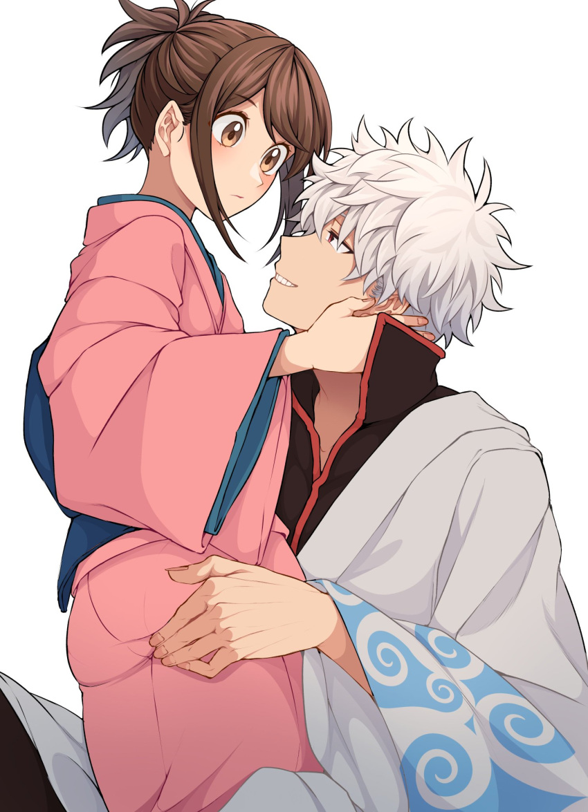 1boy 1girl ass ass_grab bangs brown_eyes brown_hair closed_mouth commentary_request eye_contact from_side gintama grey_hair grin hand_on_another's_face hand_up hetero highres japanese_clothes kimono kobaji long_sleeves looking_at_another obi pink_kimono ponytail red_eyes sakata_gintoki sash shimura_tae short_hair silver_hair simple_background smile teeth white_background wide_sleeves yukata