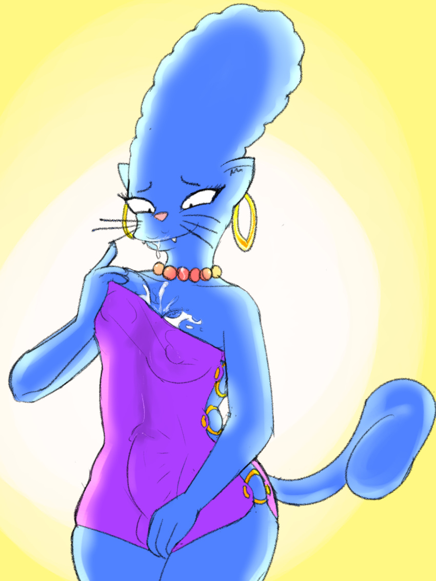 2020 3:4 anthro ball_bulge blue_body blue_fur bodily_fluids breast_fondling breasts bulge cat_marge cleavage clothed clothing crossgender cum cum_on_breasts cum_on_clothing cum_on_face cum_on_self digital_media_(artwork) dress ear_piercing ear_ring felid fondling ftg_crossgender fti_crossgender fur genital_fluids gynomorph hand_on_breast hi_res intersex jewelry looking_at_self mammal marge_simpson mature_gynomorph mature_intersex necklace nipple_outline pantherine piercing purple_clothing purple_dress self_fondle solo the_simpsons zambs