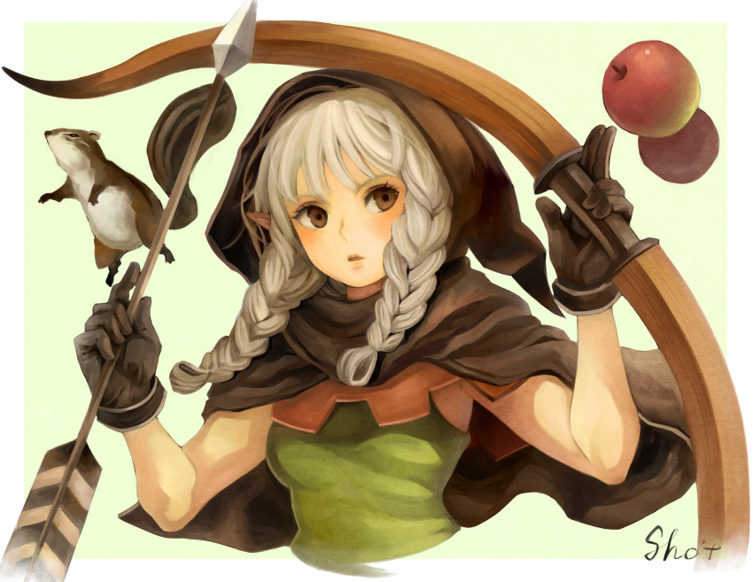 1girl animal apple arrow_(projectile) bangs black_gloves border bow_(weapon) braid breasts brown_eyes cape cropped_torso dragon's_crown elf elf_(dragon's_crown) food fruit gloves green_background grey_hair highres holding holding_arrow holding_bow_(weapon) holding_weapon hood hood_up hooded_cape long_hair medium_breasts parted_lips pointy_ears ponytail sho.t signature simple_background sleeveless squirrel twin_braids upper_body weapon white_border