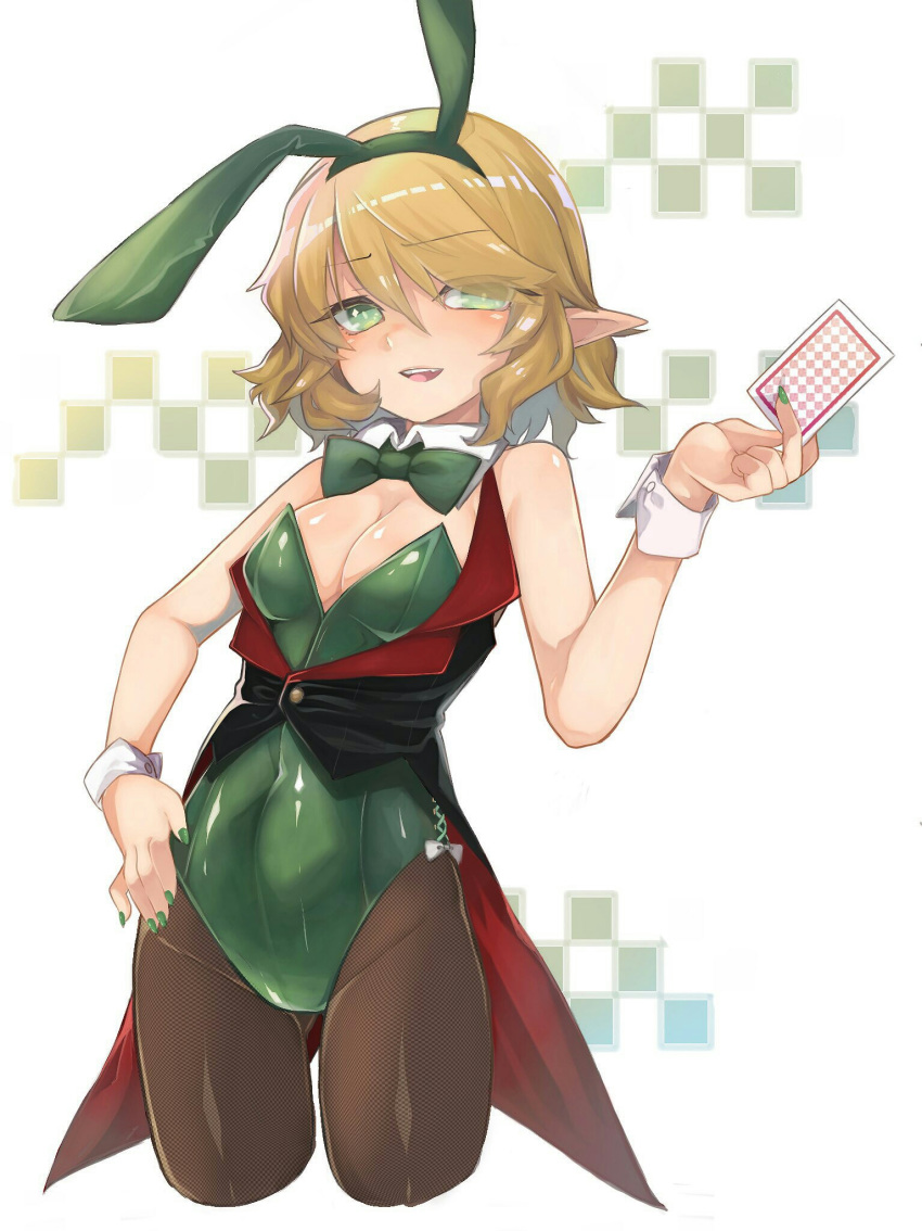 1girl alternate_costume animal_ears bangs black_legwear blonde_hair blush bow bowtie breasts bunny_ears card commentary_request covered_navel cowboy_shot detached_collar eyebrows_visible_through_hair eyes_visible_through_hair fake_animal_ears green_bow green_eyes green_hairband green_leotard green_neckwear hair_between_eyes hairband hand_on_hip highres holding holding_card leotard medium_breasts mizuhashi_parsee nail_polish open_mouth pantyhose playboy_bunny playing_card pointy_ears sakuratsuki short_hair simple_background solo standing strapless strapless_leotard touhou upper_teeth white_background wing_collar wrist_cuffs